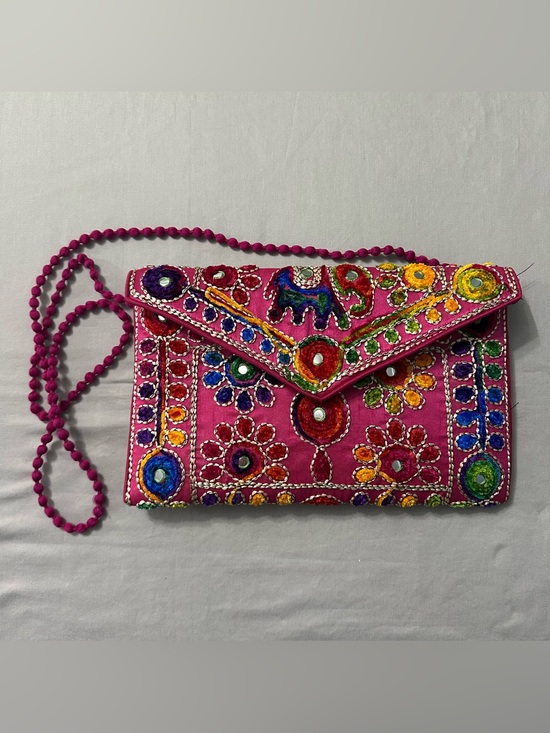 Maatangi Handbags - Maatangi Boho Embroidered Mirror Work Foldover Clutch Crossbody Purse Hot Pink